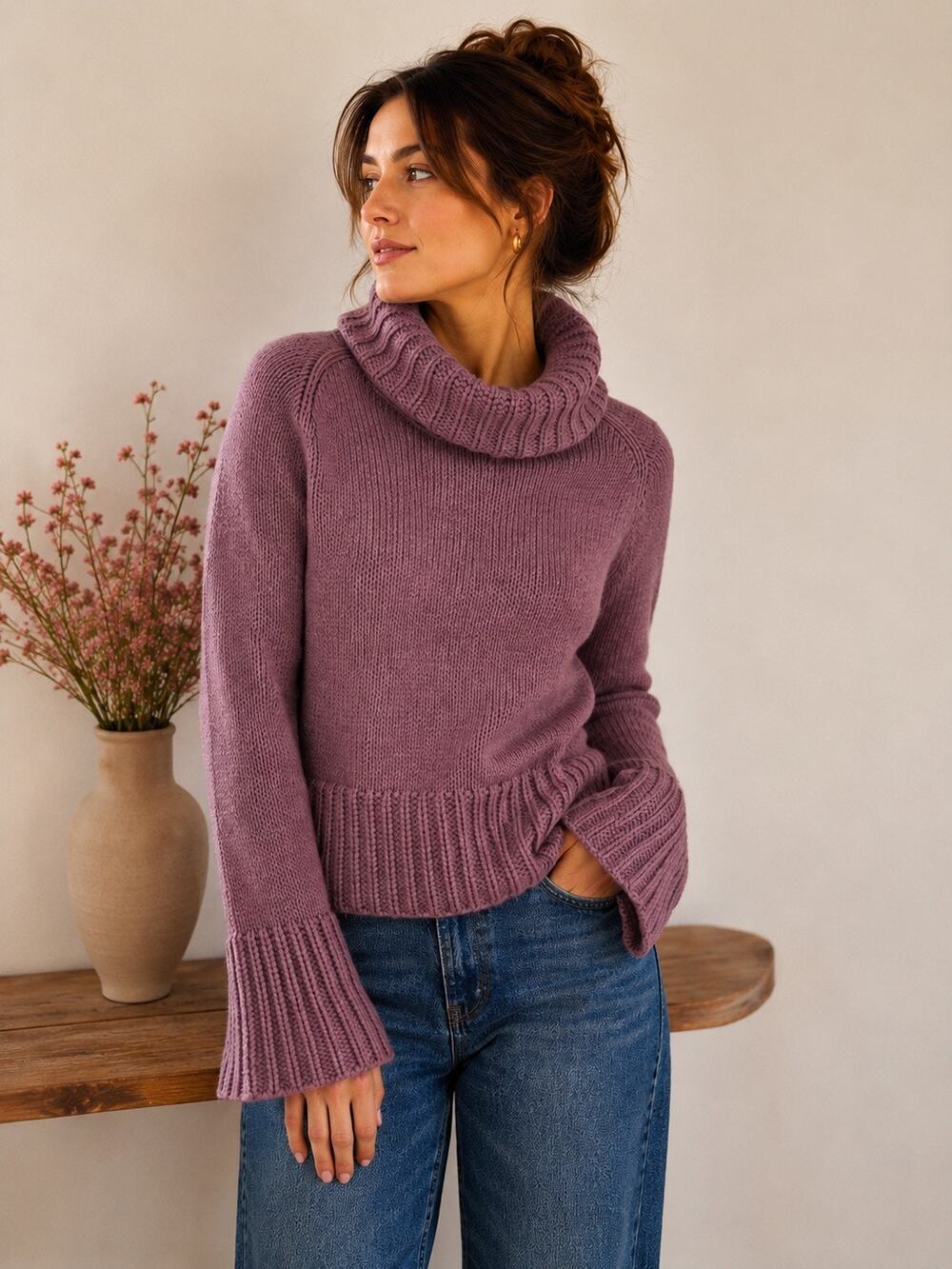 Vintage/Y2K J.Crew Petite 100% Wool Cowl Neck Sweater PS Mauve Chunky Knit